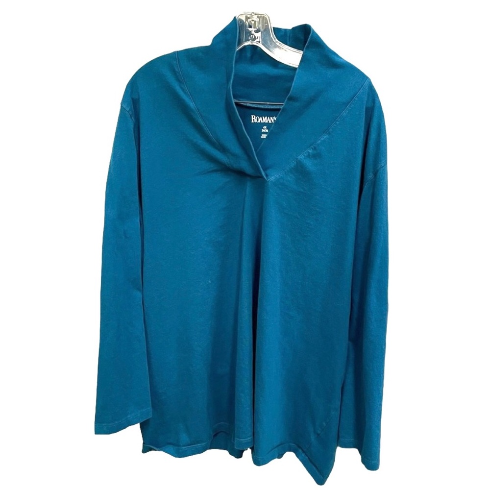 Roaman’s Blue Overlap V Neck Long Sleeve Cotton Knit Top Size 4X - Picture 2 of 4